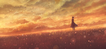 1girl cloud commentary dusk floating_hair glowing_motes gradient_sky highres monochrome orange_sky original outdoors sakimori_(hououbds) scenery sky sunset twilight wind wind_lift