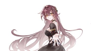 1girl black_dress breasts brown_hair chinese_commentary commentary_request dress eden_(honkai_impact) from_side highres honkai_(series) honkai_impact_3rd large_breasts looking_at_viewer procreate_(medium) reaching reaching_towards_viewer seawave02974 simple_background solo white_background yellow_eyes