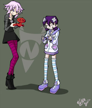 Rule 34 | 2girls, artist name, choker, closed eyes, closed mouth, commentary, cosplay, d-pad, d-pad hair ornament, emblem, english commentary, gazlene membrane, gazlene membrane (cosplay), goth fashion, green background, hair ornament, hood, hoodie, invader zim, long sleeves, lucas-shiroi, medium hair, multiple girls, neptune (neptunia), neptune (neptunia) (cosplay), neptune (series), pantyhose, purple eyes, purple hair, sidelocks, skull, socks, striped clothes, striped socks, striped thighhighs, thighhighs, voice actor connection