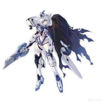 Rule 34 | 1girl, arm armor, armor, bandaged leg, bandages, black choker, blue hair, broken, broken sword, broken weapon, choker, eyepatch, full body, grey eyes, headgear, highres, holding, holding sword, holding weapon, leotard, light blue hair, mecha musume, short hair, sky saber (starward), solo, starward, sword, thighhighs, thrusters, torn clothes, weapon, white hair, zhu fun