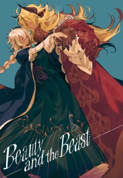 1boy 1girl alternate_costume beauty_and_the_beast_(disney) blonde_hair blue_background blue_cape braid cape chinese_commentary claws closed_eyes coat cookie_run cookie_run:_kingdom dress english_text facial_mark forehead_mark frilled_sleeves frills full_body green_dress hair_between_eyes hand_on_another&#039;s_hip highres holding_hands horns humanization lace-trimmed_coat lace_trim long_dress long_hair looking_at_another monster_boy neck_fur parted_bangs parted_lips patterned_clothing pointy_ears pure_vanilla_cookie red_coat red_eyes shirt simple_background single_braid smile tuko white_hair white_lily_cookie white_shirt wide_sleeves