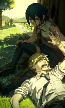 2boys 2girls absurdres angel_devil_(chainsaw_man) black_hair black_necktie black_ribbon black_shorts black_thighhighs blonde_hair blood blood_on_face building camera chainsaw_man commentary_request dappled_sunlight day denji_(chainsaw_man) fence flower green_eyes hair_between_eyes highres makima_(chainsaw_man) multiple_boys multiple_girls neck_ribbon necktie outdoors reze_(chainsaw_man) ribbon rural shirt shirt_tucked_in short_hair shorts sitting sleeveless sleeveless_shirt sleeves_rolled_up sunlight thighhighs tree tree_shade under_tree urapan_2525 white_flower white_shirt wooden_fence yellow_eyes