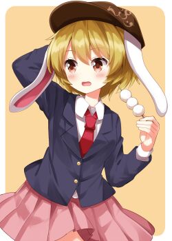 Rule 34 | 1girl, animal ears, arm behind head, black jacket, blonde hair, blush, border, brown hat, buttons, collared shirt, commentary request, cosplay, cowboy shot, dango, floppy ears, food, hat, highres, holding, holding food, jacket, necktie, open mouth, outside border, pink skirt, pleated skirt, rabbit ears, red eyes, red necktie, reisen udongein inaba, reisen udongein inaba (cosplay), ringo (touhou), ruu (tksymkw), shirt, short hair, simple background, skirt, solo, touhou, wagashi, white border, white shirt, yellow background