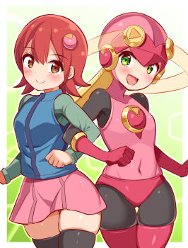 2girls black_bodysuit black_thighhighs blonde_hair blue_vest bodysuit brown_eyes cougar_(cougar1404) gradient_background green_background green_eyes green_shirt helmet leotard locked_arms long_hair mayl_sakurai_(mega_man) mega_man_(series) mega_man_battle_network_(series) multiple_girls pink_helmet pink_leotard pink_skirt red_hair roll.exe_(mega_man) shirt short_hair simple_background skindentation skirt thigh_gap thighhighs vest