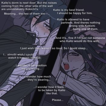 3boys absurdres against_wall ahoge black_hair black_jacket blush buttons clenched_teeth collared_shirt commentary danganronpa_(series) danganronpa_v3:_killing_harmony dark_background eavesdropping english_commentary english_text eyelashes flipped_hair from_side hair_between_eyes hand_on_another&#039;s_head hand_on_wall highres implied_sex jacket long_sleeves male_focus male_masturbation masturbation momota_kaito motion_lines multiple_boys narrowed_eyes no_scarf oma_kokichi one_eye_closed open_mouth out_of_frame pale_skin purple_eyes purple_hair ringed_eyes royalhorsie34 saihara_shuichi saliva shirt short_hair sweat tearing_up tears teeth upper_body white_shirt yaoi