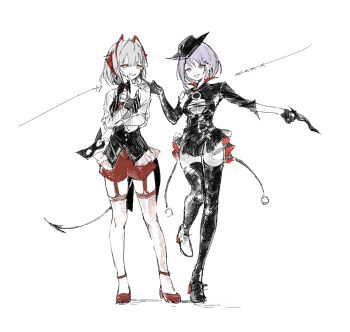 2girls absurdres ambience_synesthesia amoris_(bang_dream!) arknights bang_dream! bang_dream!_it's_mygo!!!!! black_dress black_gloves black_hat black_mask black_vest breasts cosplay costume_switch crossover demon_horns demon_tail dress elbow_gloves full_body gloves grey_hair hat highres horns jixing long_sleeves looking_at_another looking_at_viewer mask masquerade_mask multiple_girls official_alternate_costume open_mouth pantyhose purple_hair red_shoes red_shorts red_thighhighs see-through_clothes see-through_sleeves shoes short_hair shorts simple_background smile standing tail thighhighs torn_clothes torn_pantyhose vest w_(arknights) w_(wanted)_(arknights) white_background yuutenji_nyamu