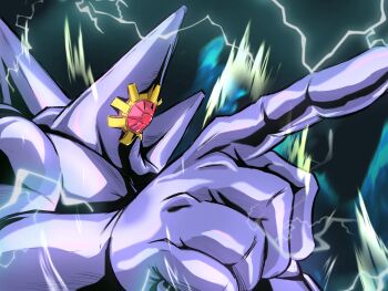 aura broly_(dragon_ball_z) colored_skin dragon_ball dragonball_z electricity gem gen_1_pokemon highres m_s_paragus mega_pokemon mega_starmie movie_reference muscular nintendo no_eyes no_humans parody pointing pokemon pokemon_(creature) pokemon_focus pokemon_legends:_z-a purple_skin red_gemstone scene_reference shiny_skin solo starmie