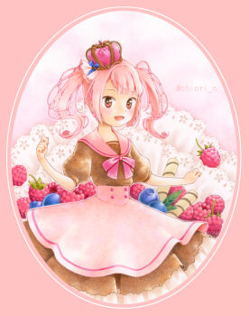 1girl absurdres blush brown_eyes chiori_n colored_pencil_(medium) commentary_request crown dress food fruit highres looking_at_viewer original pink_hair raspberry smile solo traditional_media twintails