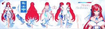 asymmetrical_dress bare_shoulders barefoot blue_eyes blue_ribbon breasts cleavage collar dress earrings frilled_collar frilled_dress frills full_body hair_ornament hair_ribbon highres jewelry large_breasts leg_wrap long_hair mascot nail_polish official_art parted_bangs phase_connect pioko red_hair red_nails reference_sheet ribbon sidelocks single_earring sinon_sinfonia veil very_long_hair white_dress