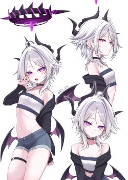 1girl absurdres alternate_costume alternate_hair_length alternate_hairstyle aoi_ryo bare_shoulders black_halo black_jacket black_nails blue_archive blush claw_pose closed_mouth commentary demon_girl demon_horns demon_wings denim denim_shorts ear_piercing flat_chest forehead grey_hair halo highres hina_(blue_archive) horns jacket narrowed_eyes navel open_clothes open_jacket open_mouth piercing purple_eyes short_hair short_shorts shorts sidelocks sleeves_past_wrists sports_bra stomach thigh_strap white_sports_bra wings wolf_cut