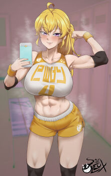 1girl absurdres ahoge black_thighhighs blonde_hair blush breasts cellphone collarbone gym gym_shirt gym_shorts gym_uniform highres indoors iphone large_breasts leux21eraser long_hair looking_at_viewer navel phone purple_eyes rwby shirt shorts smartphone smile solo thighhighs yang_xiao_long yellow_shorts