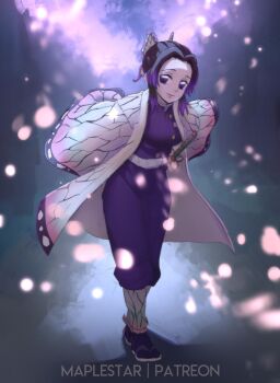 arms_behind_back belt bent_over black_hair butterfly_hair_ornament butterfly_print_haori commentary demon_slayer_uniform english_commentary hair_bun hair_ornament hakama hakama_pants haori highres jacket japanese_clothes katana kimetsu_no_yaiba kochou_shinobu kyahan lipstick makeup maplestar multicolored_hair pants pink_lips purple_eyes purple_hair purple_jacket sidelocks sword turtleneck two-tone_hair wavy_hair weapon white_haori