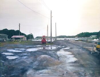 boat car day forklift highres kei_truck latex_cult motor_vehicle mud no_humans original power_lines puddle reflection reflective_liquid scenery slice_of_life truck utility_pole van water watercraft