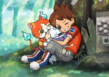 Rule 34 | 1boy, absurdres, amano keita, blue fire, boots, brown eyes, brown hair, day, fire, flame-tipped tail, forest, gashapon, grey pants, grin, highres, hitodama, jibanyan, multiple tails, nature, one eye closed, outdoors, pants, red shirt, sekina1097, shirt, short hair, short sleeves, sitting, smile, tail, tree, two tails, watch, whisper (youkai watch), youkai (youkai watch), youkai watch, youkai watch (object)