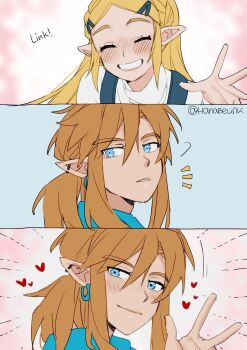 1boy 1girl blonde_hair blue_eyes blush braid commentary earrings english_commentary english_text hair_ornament hanaberin heart highres jewelry link long_hair nintendo pointy_ears princess_zelda simple_background smile teeth the_legend_of_zelda the_legend_of_zelda:_breath_of_the_wild the_legend_of_zelda:_tears_of_the_kingdom twitter_username upper_body