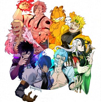 6+boys absurdres arm_tattoo artist_self-insert ashiya_douman_(fate) asymmetrical_hair aura bags_under_eyes bell black_eyes black_hair black_nails bleach blue_eyes bogactivity boku_no_hero_academia burn_scar coat color_connection color_coordination color_wheel_challenge crossover curly_hair dabi_(boku_no_hero_academia) dio_brando donquixote_doflamingo earrings extra_eyes facial_tattoo fate/grand_order fate_(series) feather_coat fingernails garfield garfield_(character) green_nails grimmjow_jaegerjaquez hair_bell hair_between_eyes hair_ornament highres jewelry jojo_no_kimyou_na_bouken jujutsu_kaisen legato_bluesummers long_hair magatama magatama_earrings male_focus multicolored_hair multiple_boys multiple_crossover multiple_drawing_challenge one_piece piercing pink_coat rainbow_order ryoumen_sukuna_(jujutsu_kaisen) scar scar_on_face sharp_fingernails short_hair spiked_hair split-color_hair tattoo toon_(style) trait_connection trigun two-tone_hair very_long_fingernails very_long_hair white_hair
