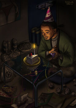 1boy 2001 bad_source bag boots bottle brown_pants cake cake_slice candle christmas crumpled_paper drink_carton food fruit glass_table green_jacket grey_shirt hat jacket magazine_(object) matataku messy_room milk_carton original pants party party_hat party_popper pillow plate poster_(object) shirt short_hair sitting smile strawberry table tissue tissue_box trash