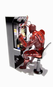 1boy armor can chair drink_can energy_drink gambling highres japanese_text kamen_rider kamen_rider_den-o_(series) m_a_e_u_m machine male_focus momotaros monster monster_boy oni pachinko red_armor sign