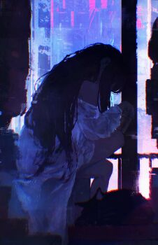 1girl absurdres black_hair can cat commentary dated_commentary fore_(va-11_hall-a) from_behind glitch highres holding holding_can jill_stingray long_hair rnna shirt solo va-11_hall-a white_shirt