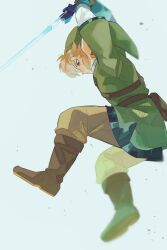 Rule 34 | 1boy, armor, blonde hair, boots, brown footwear, chainmail, earrings, fighting stance, full body, green hat, green tunic, grey pants, hat, highres, holding, holding sword, holding weapon, jewelry, link, long sleeves, male focus, master sword, nintendo, pants, pisu 1107, pointy ears, pointy hat, shirt, short hair, solo, sword, the legend of zelda, the legend of zelda: skyward sword, weapon, white shirt