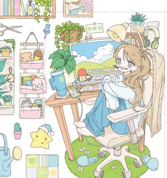Rule 34 | 1girl, bag, blue eyes, book, bread, bread slice, brown hair, chair, commentary, food, highres, indoors, long hair, looking at viewer, mirror, mouth hold, original, plant, potted plant, rubber duck, sitting, slippers, solo, sw swoo, toast, untranslatable commentary, window