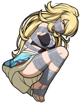 absurdres arms_behind_back bdsm bikini bondage bound cynthia_(pokemon) gag gagged highres improvised_gag magnolia-baillon midriff navel nintendo pokemon pokemon_(creature) restrained shibari stomach swimsuit tape tape_bondage tape_gag taped_arms taped_fingers