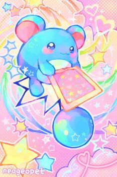 :3 artist_name blue_eyes blush cloud commentary english_commentary food gen_2_pokemon gradient_background heart highres holding holding_food marill neogeopet nintendo no_humans pink_background pokemon pokemon_(creature) pop_tart rainbow shooting_star star_(symbol)