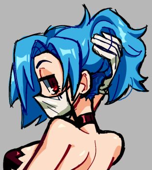 Rule 34 | 1girl, adjusting hair, backless dress, backless outfit, blue hair, breasts, choker, dress, from behind, gloves, grey background, hair down, large breasts, latex, latex gloves, long hair, looking at viewer, looking back, mercysstrap, mouth mask, official alternate costume, red eyes, skullgirls, solo, surgical mask, upper body, valentine (skullgirls)