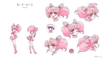 1girl back_bow bishoujo_senshi_sailor_moon boots bow bowtie chibi_usa child commentary crescent crescent_earrings earrings english_commentary full_body gloves high_heel_boots high_heels highres jewelry looking_at_viewer multiple_views one_eye_closed pink_boots pink_eyes pink_hair pink_skirt red_bow red_bowtie reference_sheet sailor_senshi sailor_senshi_uniform sidney_deng signature simple_background skirt twintails upper_body white_background white_gloves