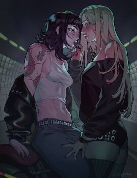 2girls ahoguru arm_tattoo bare_shoulders black_hair black_jacket black_nails black_shirt black_thighhighs blonde_hair blue_skirt cigarette commentary ear_piercing earrings english_commentary highres holding holding_cigarette jacket jewelry looking_at_another motor_vehicle motorcycle multiple_girls off-shoulder_shirt off_shoulder original parted_lips piercing red_nails shirt skirt tank_top tattoo thighhighs white_tank_top yuri