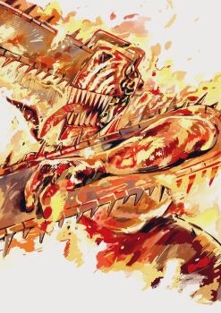 1boy black_necktie black_pantyhose chainsaw chainsaw_devil chainsaw_man commentary_request denji_(chainsaw_man) fighting_stance fire highres male_focus necktie open_mouth pantyhose sharp_teeth shirt simple_background solo sukesukeburger teeth tongue tongue_out white_shirt