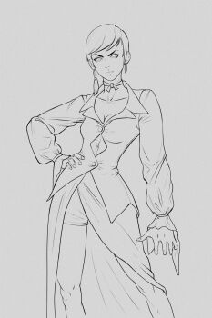 1girl absurdres breasts dimitar_spasov dress earrings female_focus hand_on_own_hip highres jewelry long_sleeves medium_breasts pants short_hair skirt standing the_king_of_fighters thighs vice_(kof)