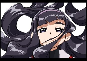 1girl 7ben9i absurdres black_border black_hair blunt_bangs border cardcaptor_sakura daidouji_tomoyo floating_hair hairband highres long_hair looking_at_viewer parted_lips purple_eyes purple_hairband school_uniform simple_background solo tomoeda_elementary_school_uniform upper_body white_background