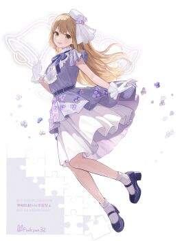 1girl :d absurdres belt bib_collar black_shoes blush bow bowtie brown_eyes brown_hair commentary_request double-parted_bangs dress dress_flower floating flower frilled_gloves frilled_shirt_collar frills from_side full_body gloves grey_background hat high_heels highres layered_dress long_hair looking_at_viewer mary_janes nijisanji official_alternate_costume open_mouth pillbox_hat pinkusan purple_belt purple_bow purple_bowtie purple_dress shoes short_dress short_sleeves sister_claire sister_claire_(10th_costume) skirt skirt_under_dress smile socks solo straight_hair tilted_headwear twitter_username veil violet_(flower) virtual_youtuber white_background white_gloves white_hat white_skirt white_socks