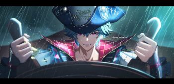 black_border boat border brant_(wuthering_waves) hat highres long_sleeves on_boat pink_eyes pirate_hat rain sae_naiyatsu ship smile solo steering_wheel teeth watercraft watermark wuthering_waves