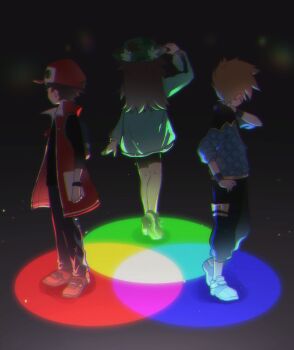 1girl 2boys adjusting_clothes adjusting_headwear baseball_cap black_shirt black_shorts blue_jacket blue_oak blue_oak_(sygna_suit) brown_hair coat commentary_request dark_background from_behind green_hat green_jacket hat jacket leaf_(pokemon) leaf_(sygna_suit)_(pokemon) long_hair maccha_pamocute multiple_boys nintendo pokemon pokemon_masters_ex red_(pokemon) red_(sygna_suit)_(pokemon) red_coat red_hat rgb_lights shirt short_hair shorts