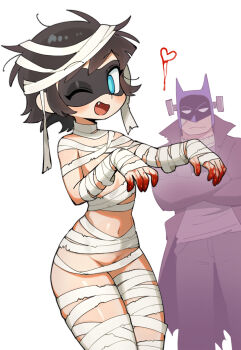 1boy 1girl absurdres bandaged_chest bandaged_head bandages batman batman_(series) blue_eyes brown_hair cosplay cowl dc_comics domino_mask eye_mask frankenstein's_monster frankenstein's_monster_(cosplay) gauze halloween halloween_costume heart highres kojirou_(mesurf1) mask mummy mummy_costume naked_bandage navel one_eye_closed robin_(batrobin_k) robin_(dc) short_hair simple_background white_background
