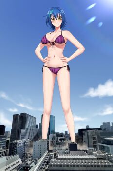 1girl absurdres bikini blue_hair blue_sky breasts building city cleavage cloud commission day female_focus front-tie_bikini_top front-tie_top giant giantess green_hair hands_on_own_hips high_school_dxd highres large_breasts multicolored_hair navel numaguro_(tomokun0808) outdoors photo_background purple_bikini short_hair side-tie_bikini_bottom skeb_commission sky smile solo standing stomach streaked_hair striped_bikini striped_clothes swimsuit underboob vertical-striped_bikini vertical-striped_clothes xenovia_quarta yellow_eyes