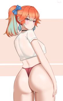 1girl ass black_choker blue_bow bow breasts choker cowboy_shot from_behind gradient_hair hair_bow high_ponytail highres hololive hololive_english large_breasts looking_at_viewer looking_back multicolored_hair orange_hair panties ponytail purple_eyes red_panties senpaisif shirt solo takanashi_kiara thong two-tone_hair underwear virtual_youtuber white_shirt
