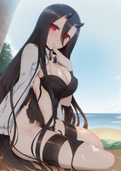 10s 1girl abyssal_ship battleship_princess beach black_dress black_hair black_panties breasts burnt_clothes colored_eyelashes day dress eyes_visible_through_hair female_focus finger_to_mouth from_side hair_between_eyes highres horns kantai_collection large_breasts looking_at_viewer military military_uniform naval_uniform ocean outdoors pale_skin palm_tree panties panties_around_leg red_eyes revision serious shiny_skin side-tie_panties sitting skin-covered_horns solo tachimi_(basue) thighs torn_clothes torn_dress tree under_tree underwear unworn_panties