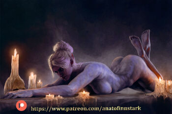 Rule 34 | 1girl, anato finnstark, arched back, ass, baldur's gate, baldur's gate 3, breasts, candle, colored skin, completely nude, dungeons & dragons, dungeons &amp; dragons, feet up, hair bun, large breasts, lying, minthara, nude, on stomach, pointy ears, purple skin, realistic, red eyes, single hair bun, solo, white hair