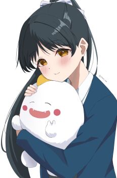 1girl absurdres amano_lier black_hair blue_jacket blush blush_stickers bow collared_shirt commentary_request fangs hair_bow hazuki_ren high_ponytail highres jacket long_hair long_sleeves looking_at_viewer love_live! love_live!_superstar!! ponytail school_uniform shirt solo stuffed_animal stuffed_dinosaur stuffed_toy very_long_hair white_bow white_shirt winter_uniform yellow_eyes yuigao yuigaoka_school_uniform