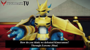 3d 3d_background armor caption church deviantart digimon dragon english_text golden_arms helmet highres magnamon meme memri_tv red_eyes shoulder_armor v-mon wings