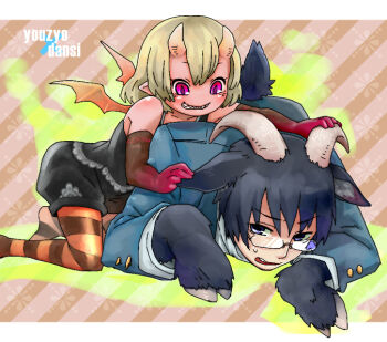 1boy 1girl animal_ears animal_hands black_hair blue_coat blue_eyes brown_background coat commentary_request demon_girl demon_horns demon_wings elbow_gloves full_body glasses gloves goat_boy goat_ears goat_horns goat_tail grabbing_another&#039;s_ear grin hand_on_another&#039;s_ear honnomusi323 hooves horizontal_pupils horn_grab horns loli looking_at_another looking_at_viewer monster_boy original pink_background pink_eyes pink_gloves pointy_ears sharp_teeth short_hair smile striped_background tail teeth wings