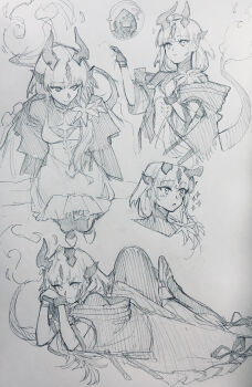 Rule 34 | 1girl, absurdres, arknights, commentary request, doctor (arknights), dragon girl, dragon horns, dragon tail, dress, fire, flame-tipped tail, graphite (medium), greyscale, hatching (texture), highres, horns, infection monitor (arknights), linear hatching, lying, monochrome, multiple horns, multiple views, on stomach, reed (arknights), reed the flame shadow (arknights), senpuki, spoken character, tail, the pose, traditional media