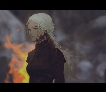0109_(artist) 1girl a_song_of_ice_and_fire blood blood_in_hair blood_on_clothes blood_on_face blurry brown_eyes depth_of_field fire highres house_of_the_dragon letterboxed long_hair looking_at_viewer ponytail rhaenyra_targaryen serious solo upper_body white_hair