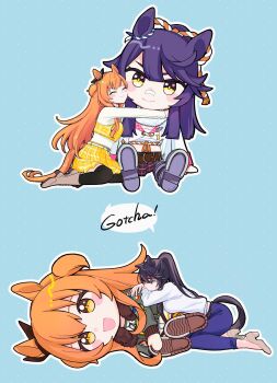 2girls absurdres animal_ears bandaid bandaid_on_face bandaid_on_nose belt black_hair black_thighhighs blush bomber_jacket boots bow breasts brown_ribbon character_doll chest_sarashi closed_eyes closed_mouth commentary dog_tags doll doqute_stuffed_doll ear_bow ear_ribbon english_commentary green_jacket hair_between_eyes highres horse_ears horse_girl horse_tail hugging_doll hugging_object jacket long_hair long_sleeves mayano_top_gun_(casual)_(umamusume) mayano_top_gun_(scramble_zone)_(umamusume) mayano_top_gun_(umamusume) multiple_girls narita_brian_(casual)_(umamusume) narita_brian_(maverick)_(umamusume) narita_brian_(umamusume) open_clothes open_jacket open_mouth orange_eyes orange_hair pants plaid_clothes plaid_skirt ponytail purple_pants ribbon rope sarashi shimenawa shirt shorts skirt smile sweater tail thighhighs two_side_up umamusume white_belt white_shirt white_shorts white_sweater yellow_eyes yellow_shirt yellow_skirt yonu_(yonurime)