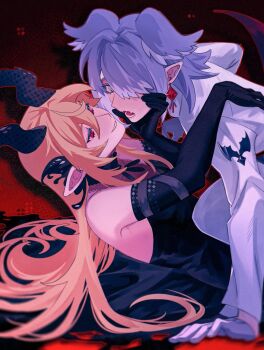 2girls aqua_eyes bare_shoulders black_gloves blonde_hair blue_hair chinese_commentary demon_horns elbow_gloves elira_pendora fangs gloves grin hand_on_another&#039;s_chin head_wings highres horns long_hair looking_at_another lying majiang_4869 medium_hair multiple_girls nijisanji nijisanji_en on_back open_mouth outline pointy_ears pomu_rainpuff red_eyes red_outline skin_fangs smile virtual_youtuber white_gloves wings wolf_cut yuri