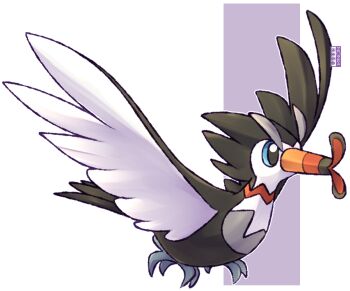 beak bird blue_eyes dualcosmog feathered_wings flying gen_7_pokemon highres nintendo no_humans pokemon pokemon_(creature) pokemon_focus solo trumbeak wings
