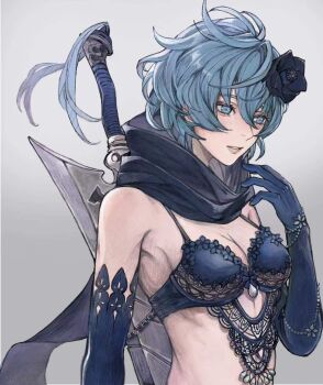 1girl armpit_crease blue_bra blue_eyes blue_gloves blue_hair blue_scarf bra breasts cleavage commentary_request drag-on_dragoon drag-on_dragoon_3 elbow_gloves eyelashes flower gloves grey_background hair_flower hair_ornament highres medium_breasts parted_lips scarf short_hair simple_background solo sword sword_on_back teeth tricoliet two_(drag-on_dragoon) underwear upper_body weapon weapon_on_back